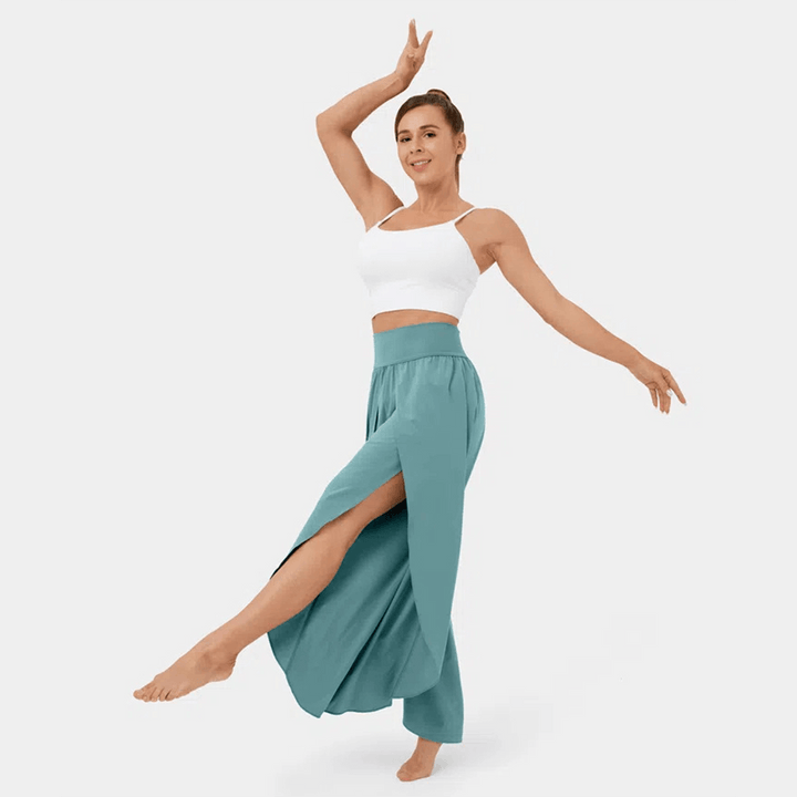 Flared Casual Trousers - High-Waisted Split Hem
