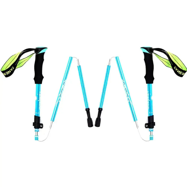 Foldable aluminum trekking pole with adjustable height, lightweight and portable, ideal for hiking, shown in multiple colors.