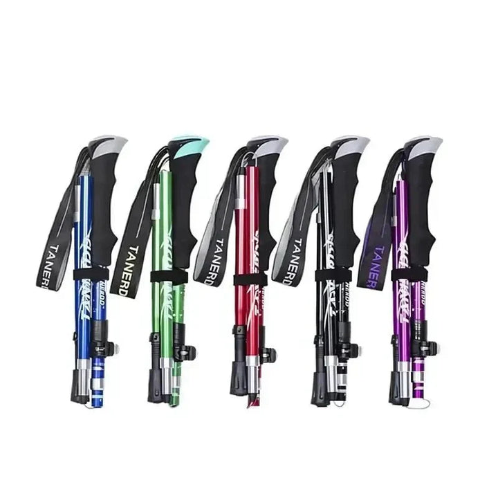Foldable aluminum trekking pole with adjustable height, lightweight and portable, ideal for hiking, shown in multiple colors.