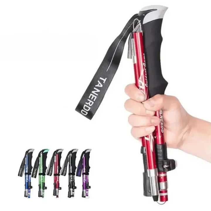 Foldable aluminum trekking pole with adjustable height, lightweight and portable, ideal for hiking, shown in multiple colors.