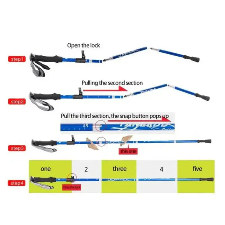 Foldable aluminum trekking pole with adjustable height, lightweight and portable, ideal for hiking, shown in multiple colors.