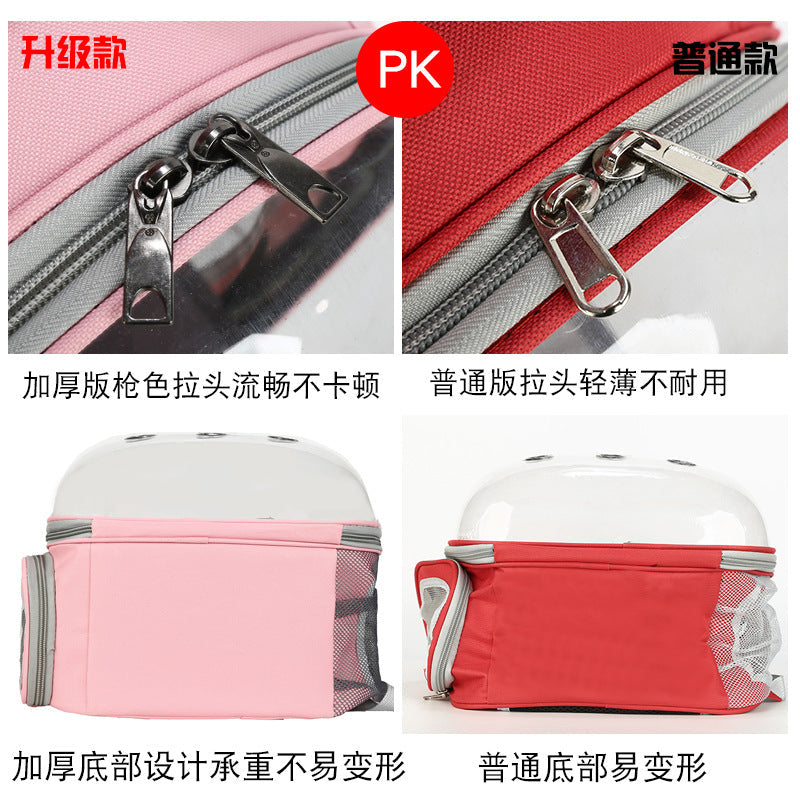 Foldable pet backpack with ventilation, transparent front, mesh panels, adjustable straps, and storage pockets for travel.