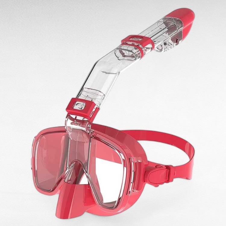 Foldable snorkel mask with 180° view, clear lenses, dry top system for easy breathing, ideal for underwater exploration.
