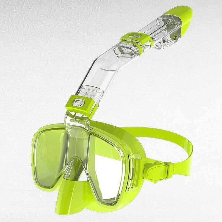 Foldable snorkel mask with 180° view, clear lenses, dry top system for easy breathing, ideal for underwater exploration.