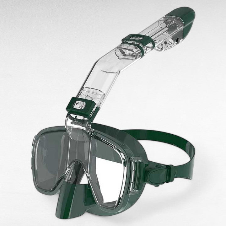 Foldable snorkel mask with 180° view, clear lenses, dry top system for easy breathing, ideal for underwater exploration.