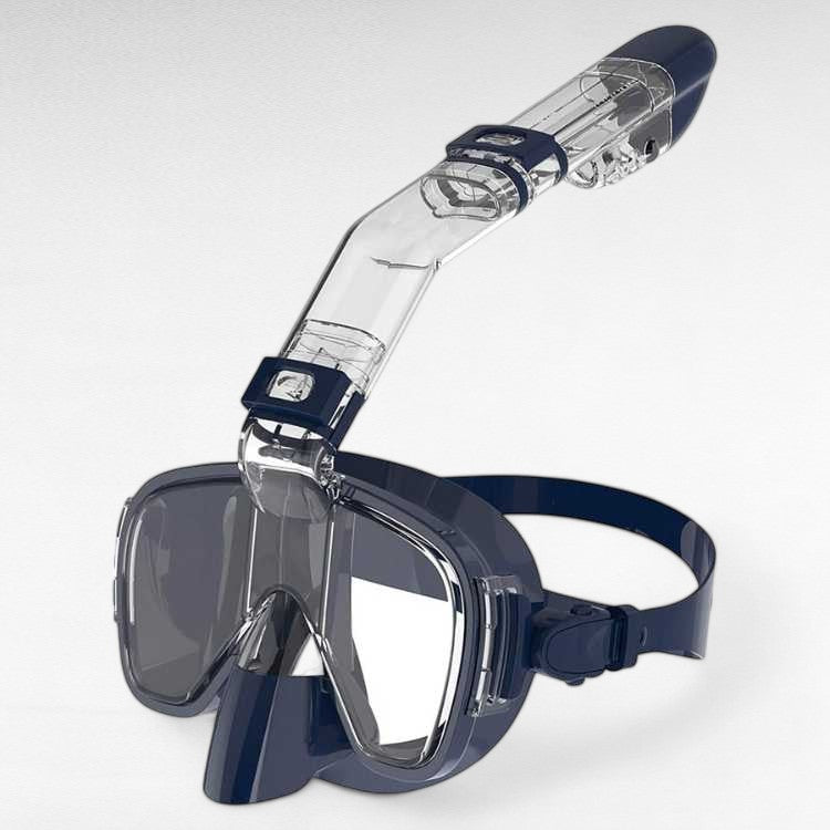 Foldable snorkel mask with 180° view, clear lenses, dry top system for easy breathing, ideal for underwater exploration.