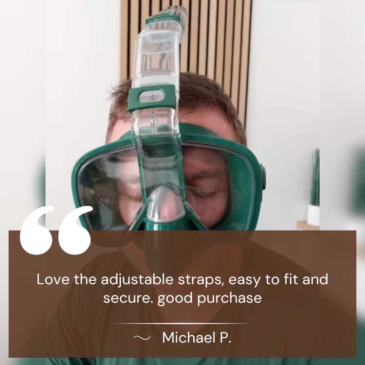 Foldable snorkel mask with 180° view, clear lenses, dry top system for easy breathing, ideal for underwater exploration.