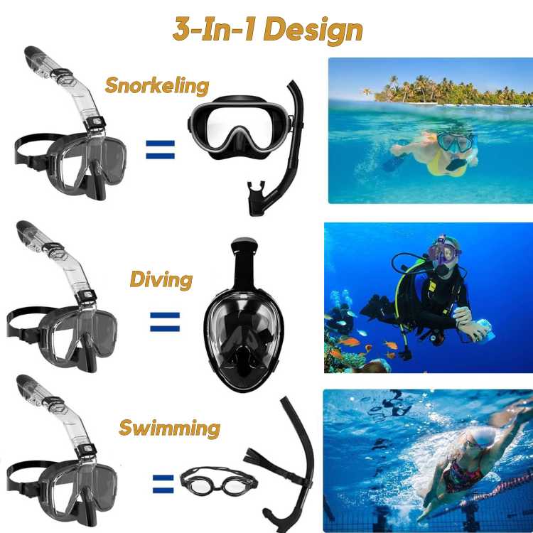 Foldable snorkel mask with 180° view, clear lenses, dry top system for easy breathing, ideal for underwater exploration.