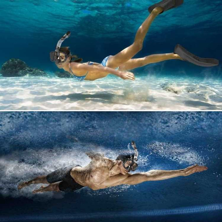 Foldable snorkel mask with 180° view, clear lenses, dry top system for easy breathing, ideal for underwater exploration.