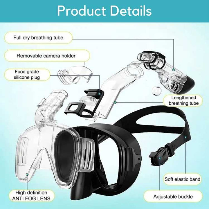 Foldable snorkel mask with 180° view, clear lenses, dry top system for easy breathing, ideal for underwater exploration.