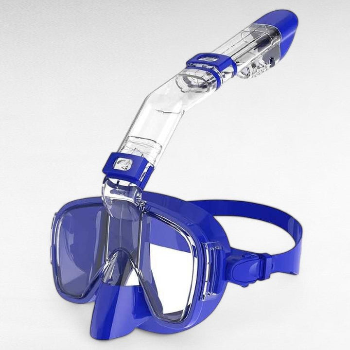 Foldable snorkel mask with 180° view, clear lenses, dry top system for easy breathing, ideal for underwater exploration.