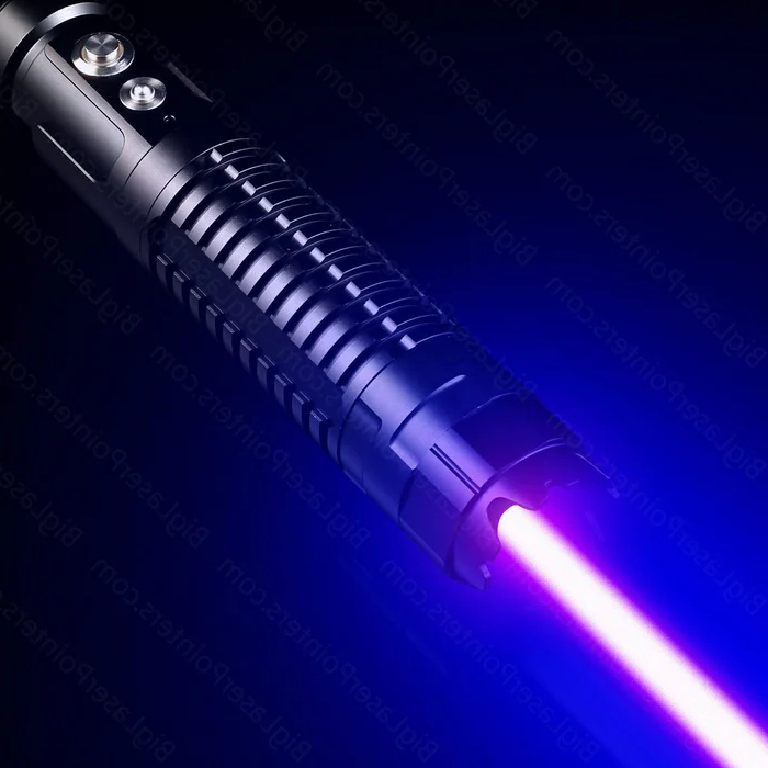 Front view of BlazeMaster Tactical Laser Torch, blue laser, sleek design, compact outdoor tool, technology & gadgets.