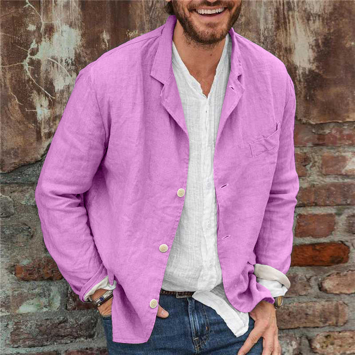 "Front view of men's casual linen blazer, lightweight and breathable, showing relaxed fit, button closure, and lapel collar."