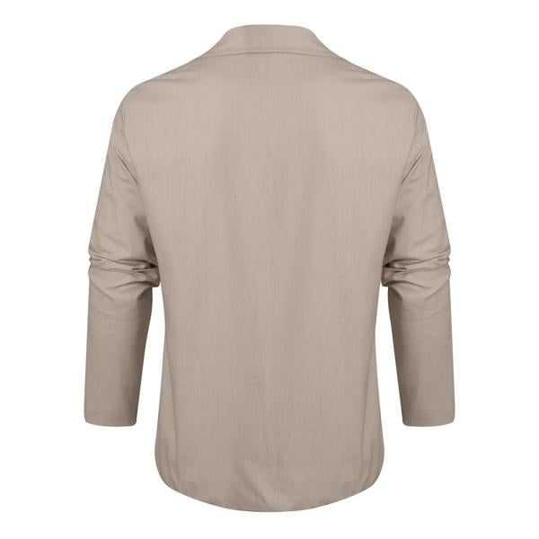 "Front view of men's casual linen blazer, lightweight and breathable, showing relaxed fit, button closure, and lapel collar."