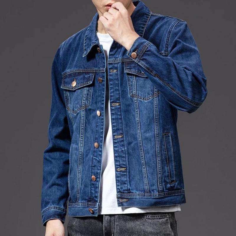 "Front view of men's classic denim jacket, versatile style with a relaxed fit, ideal for casual outfits and layering."
