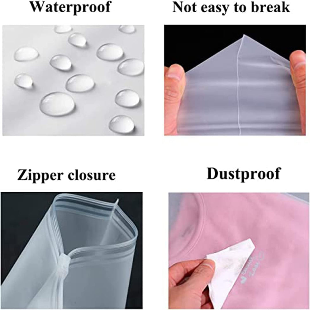 Group of frosted zip bags for garments, ready for packing clothes or general home storage.
