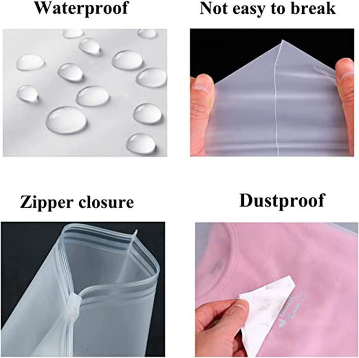 Group of frosted zip bags for garments, ready for packing clothes or general home storage.