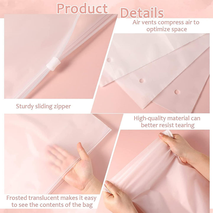 Stack of 20 frosted plastic storage bags, ideal for organizing clothes in closets or suitcases.