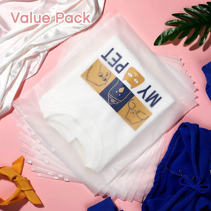 Clear view of clothing neatly packed in a frosted zip garment sleeve for travel organization.