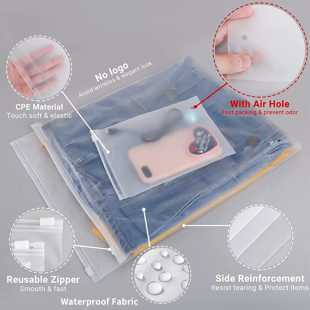 Durable frosted plastic storage bags (20-pack) protecting garments from dust and moisture.