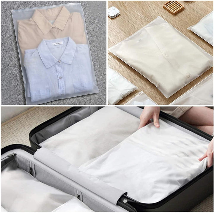 Versatile frosted zip sleeves used for organizing travel essentials and home items.