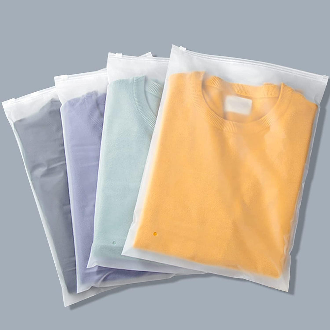 Hand holding a reusable frosted garment storage bag with a sturdy zipper closure.