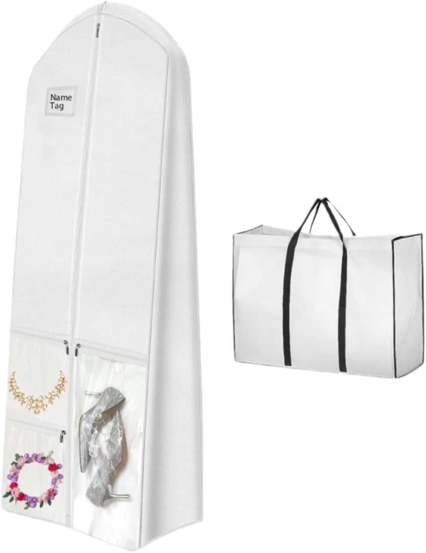 Full-length dustproof wedding dress storage bag, ideal for protecting bridal gowns and formal wear.