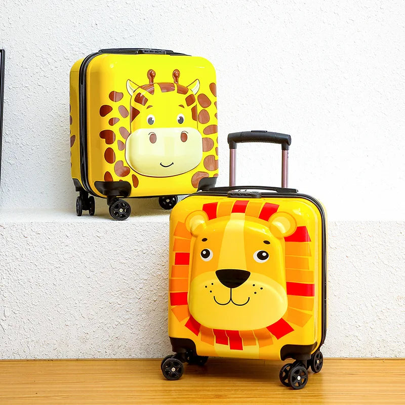 Happy child easily pulling their fun animal design hard shell carry-on luggage, making travel fun & simple.