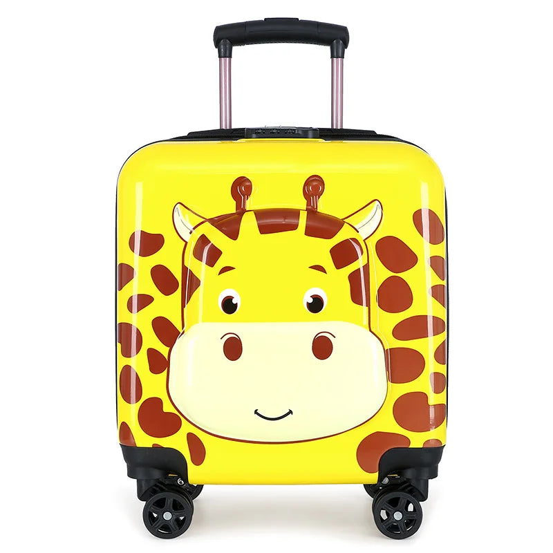 Colorful collection of hard shell kids' suitcases with various animal designs, ideal carry-on for family vacations.