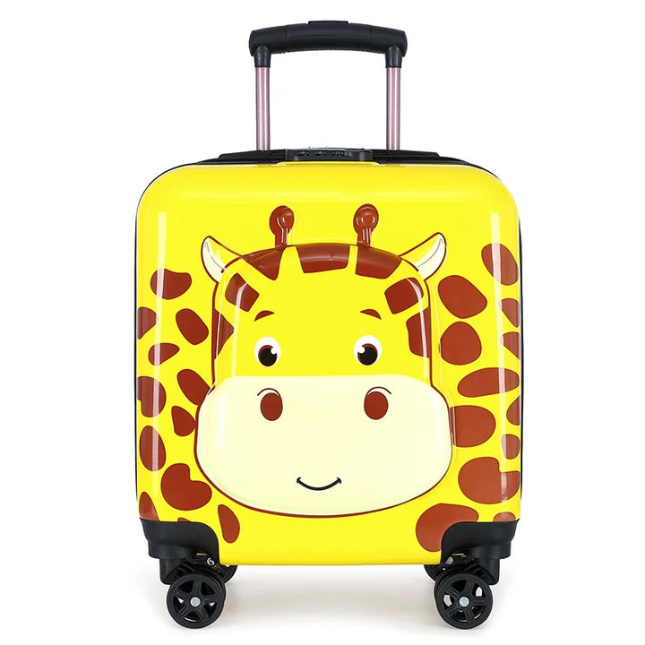 Colorful collection of hard shell kids' suitcases with various animal designs, ideal carry-on for family vacations.