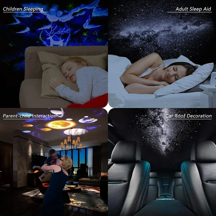 "Galaxy light projector with starry sky display, perfect for creating relaxing ambiance in any room."