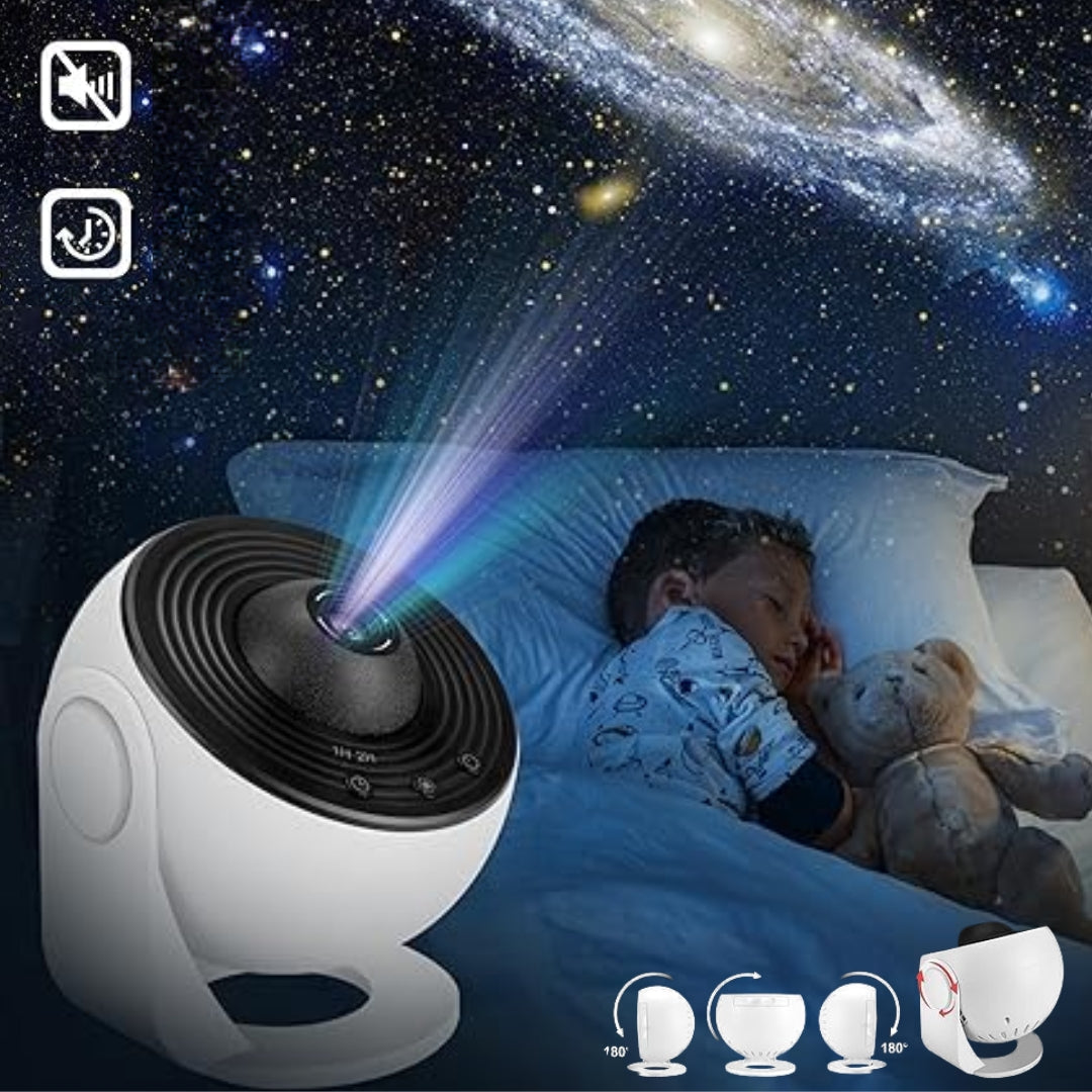 "Galaxy projector with 360° rotation showing twinkling stars, ideal for creating a relaxing and enchanting night sky at home.