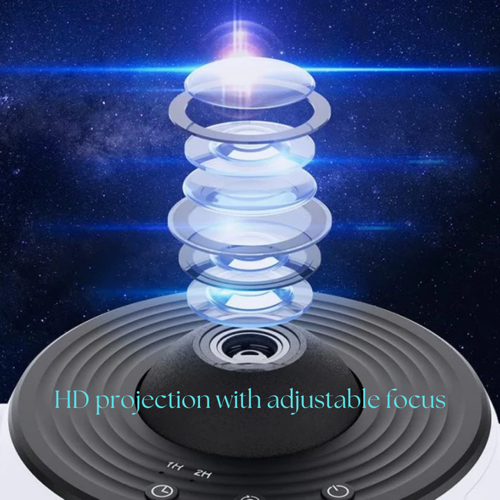 "Galaxy projector with 360° rotation showing twinkling stars, ideal for creating a relaxing and enchanting night sky at home.