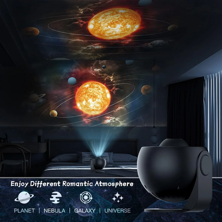 "Galaxy projector with 360° rotation showing twinkling stars, ideal for creating a relaxing and enchanting night sky at home.