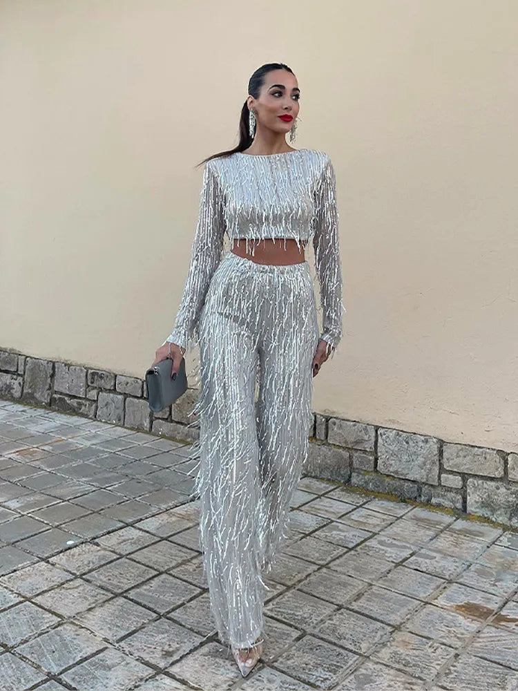 Full view of the women's glamorous sequin two-piece set, a sparkling party and evening wear outfit.