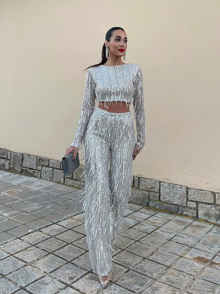 Full view of the women's glamorous sequin two-piece set, a sparkling party and evening wear outfit.