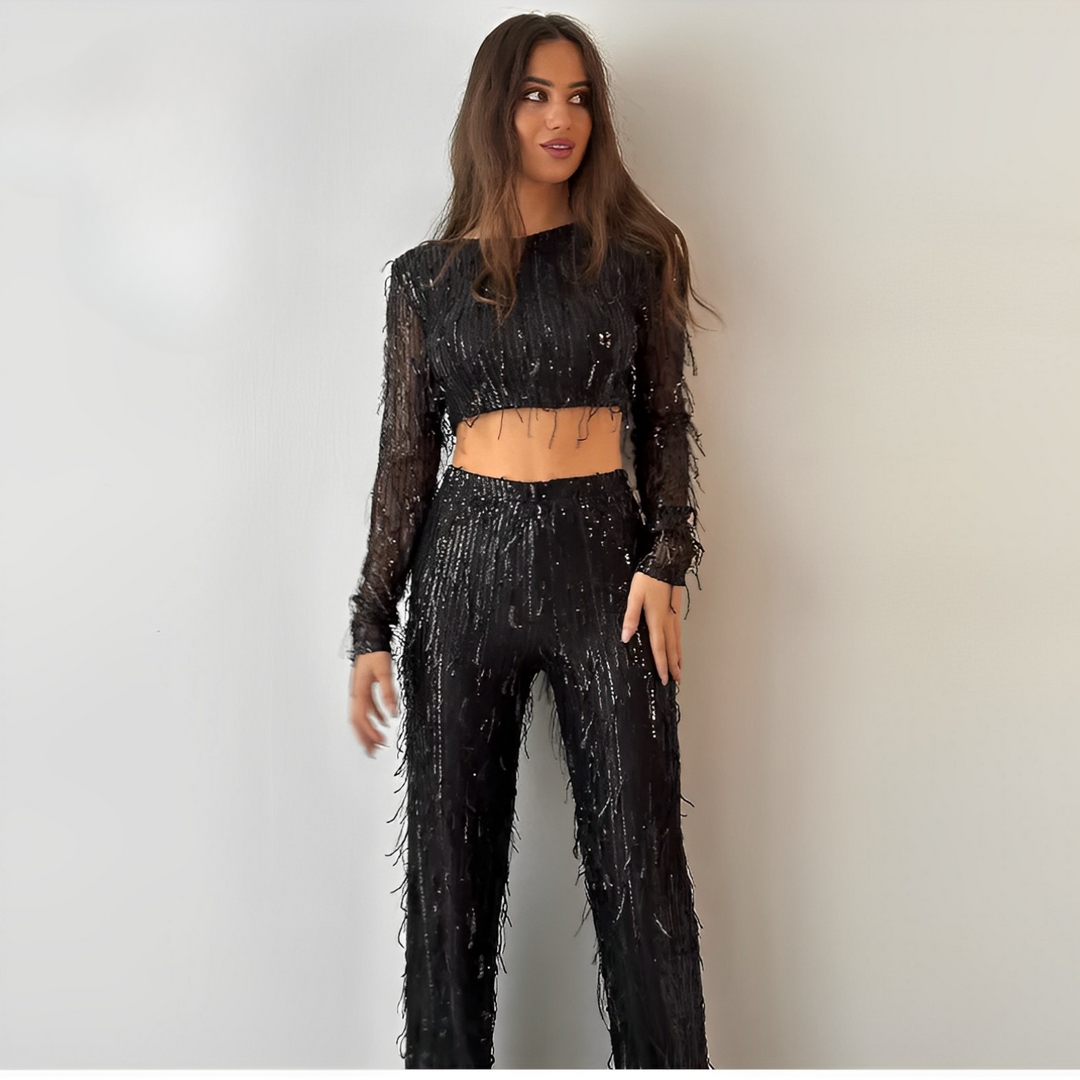 Sparkly women's sequin two-piece ensemble designed for ultimate shine at parties and evening events.