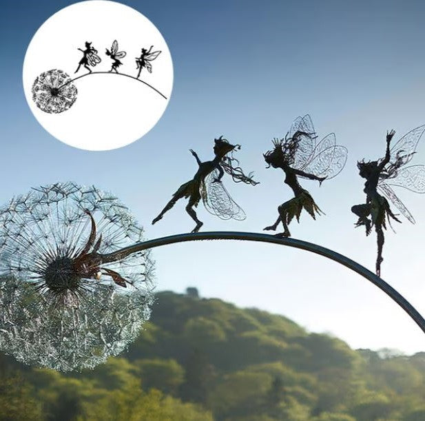Graceful steel sculpture of a fairy playing on a dandelion enhances garden charm. Outdoor decorative art. Weather-resistant.