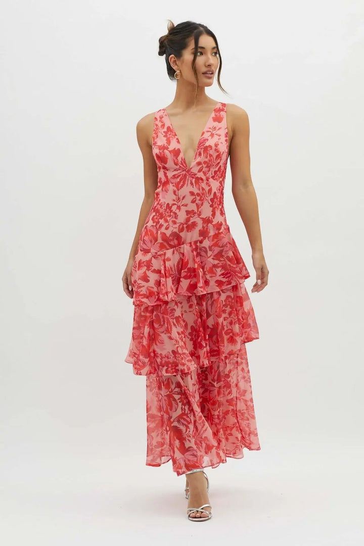 GraceGlide women's V-neck tiered maxi dress. Effortless, flowy summer style for vacations & parties. Elegant casual dress.