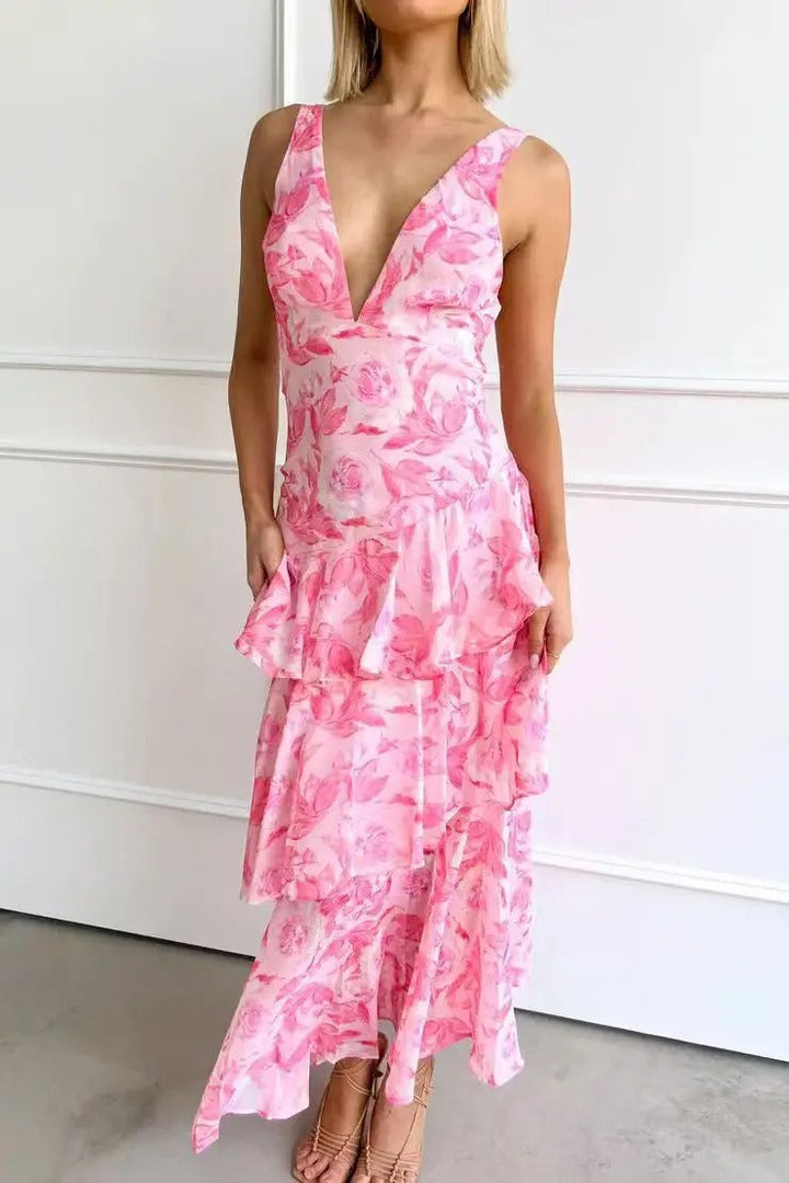 Elegant GraceGlide V-neck tiered maxi dress for women. Perfect sleeveless summer evening or party dress. Flowy design.