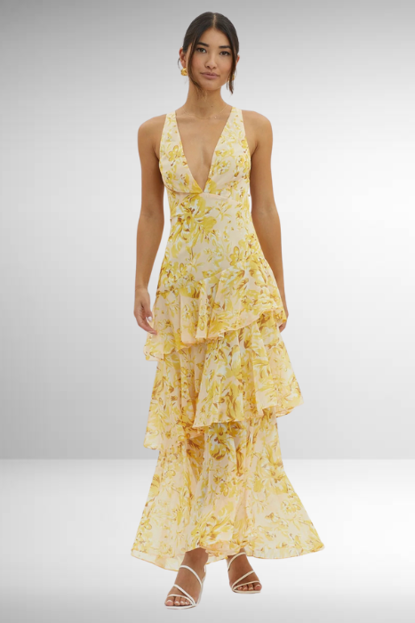 Women's GraceGlide maxi dress. Elegant V-neck, tiered, and flowy for summer. Perfect as a casual or evening party dress.