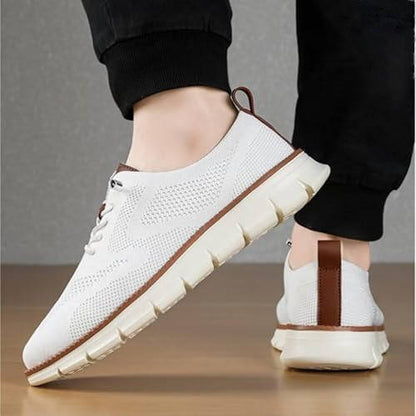 "Gray knit men's shoes, ultra-comfortable, lightweight, durable, adaptable style for business and casual wear."