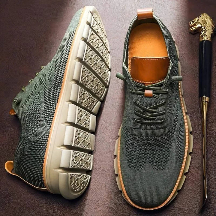 "Gray knit men's shoes, ultra-comfortable, lightweight, durable, adaptable style for business and casual wear."