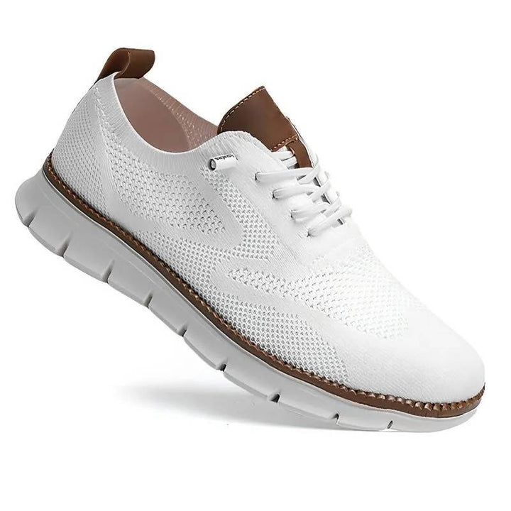 "Gray knit men's shoes, ultra-comfortable, lightweight, durable, adaptable style for business and casual wear."