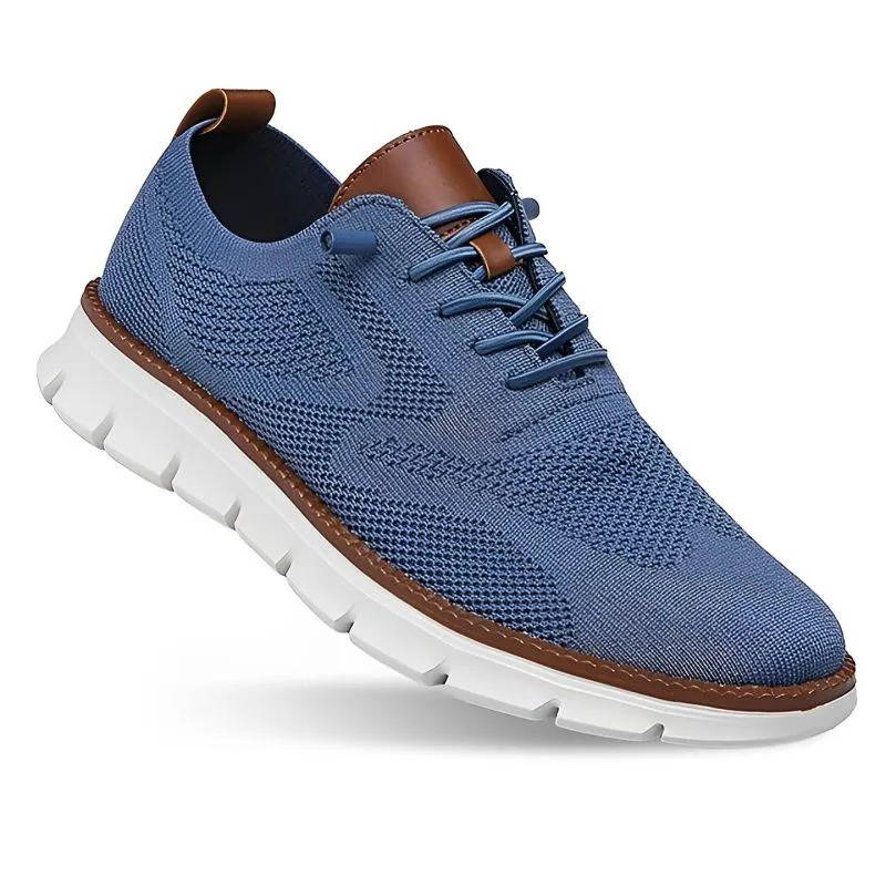 "Gray knit men's shoes, ultra-comfortable, lightweight, durable, adaptable style for business and casual wear."
