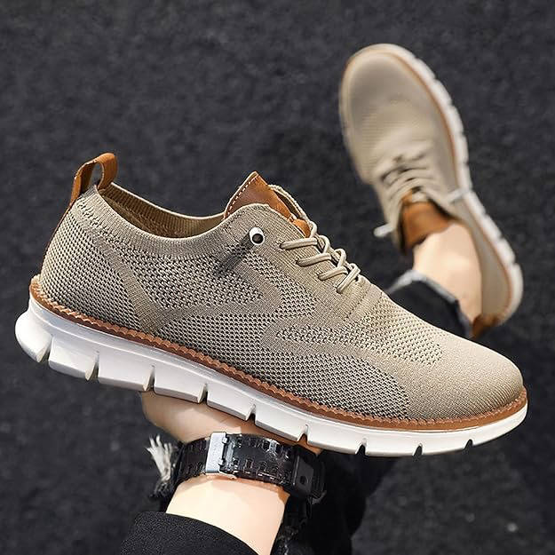 "Gray knit men's shoes, ultra-comfortable, lightweight, durable, adaptable style for business and casual wear."