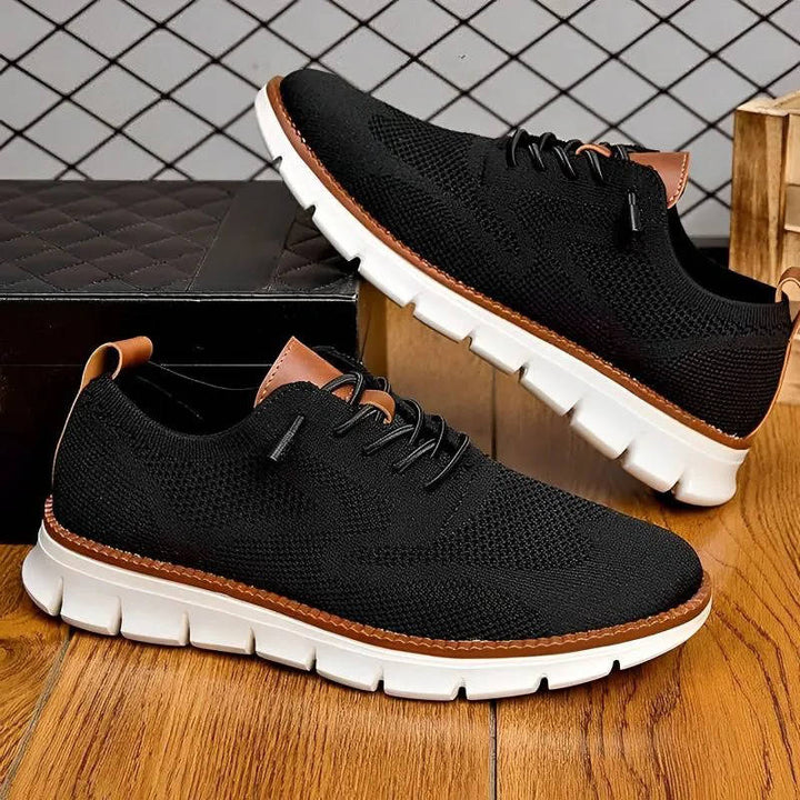 "Gray knit men's shoes, ultra-comfortable, lightweight, durable, adaptable style for business and casual wear."