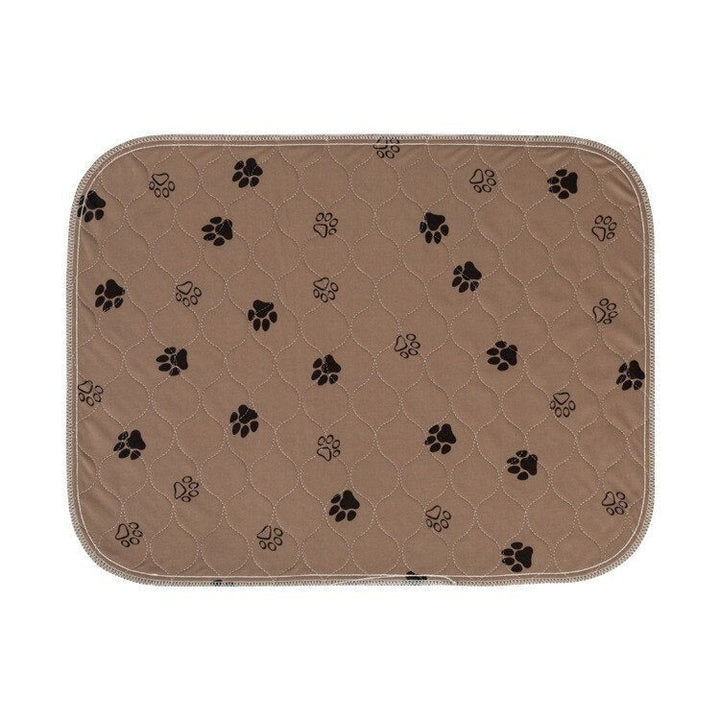 "Gray waterproof dog pee pad, washable and reusable, with bone and paw print. Available in multiple sizes for pet use."