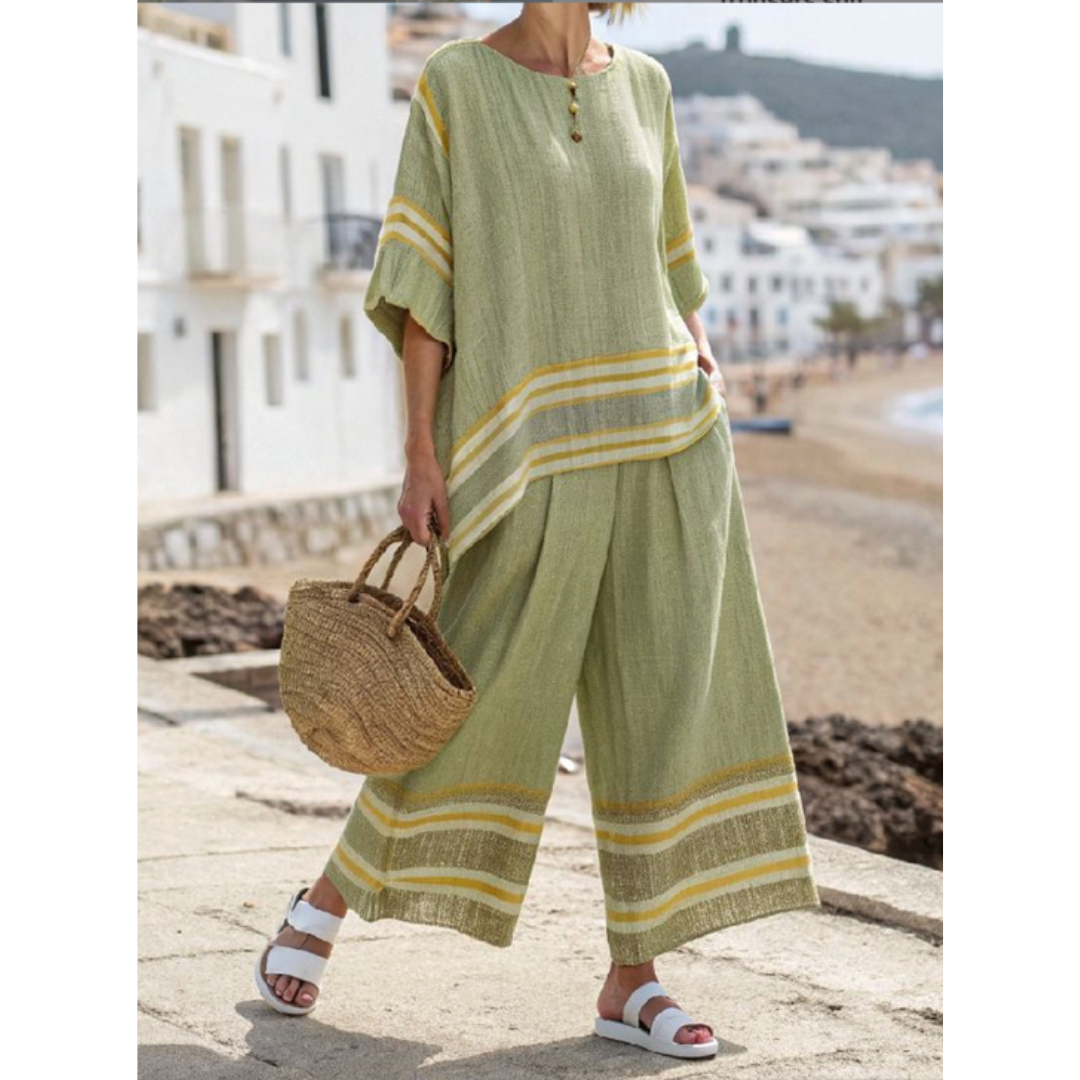 Green striped women's two-piece set for a comfortable & elegant summer or casual outfit.