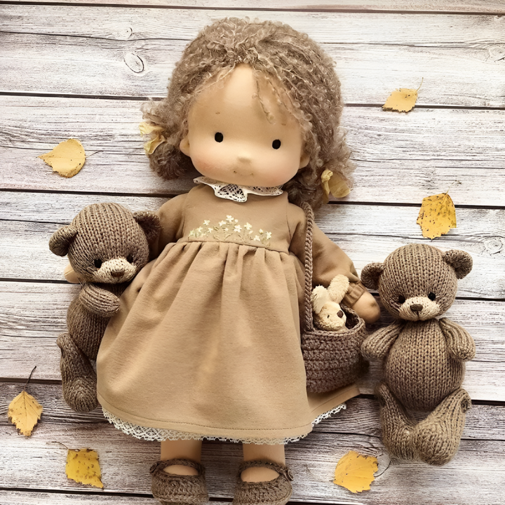 Natural Waldorf cuddly doll, soft and hypoallergenic, perfect for toddler imaginative play.
